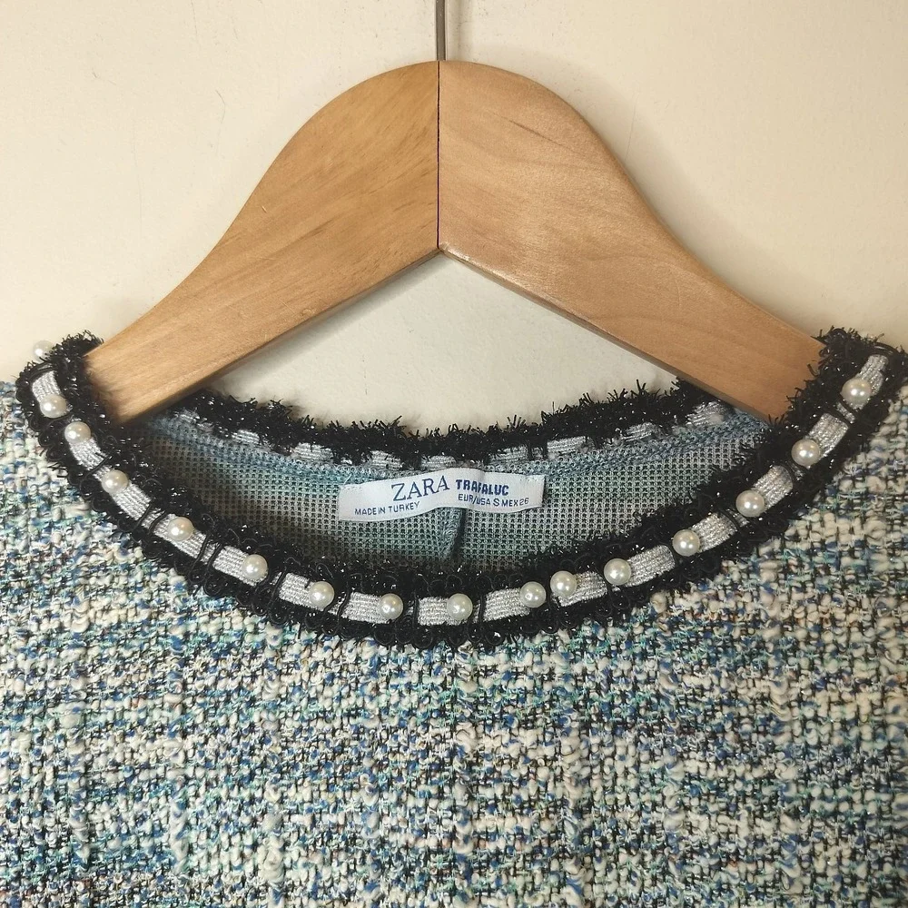 Zara Tweed‎ Textured Top Pearl Embellished Fringe